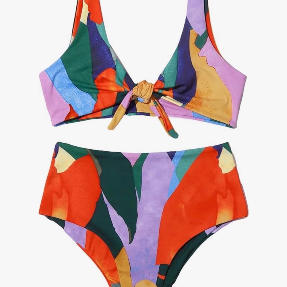 Women’s Multicolor High-Waist Bikini Set - Vibrant Abstract Print
